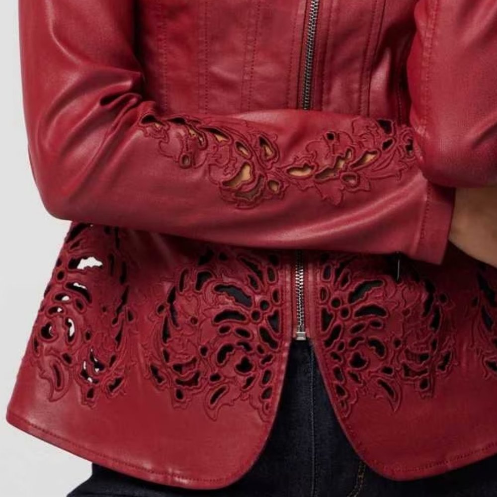 WHBM NWT Cutwork Coated Denim Flirty Jacket Dark Red LEATHER LOOK - Picture 9 of 12